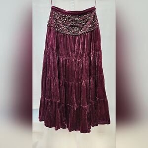 Vtg 90s Yag Burgudy Velvet 4 Tiered Flair Skirt Sequins Beads Embroidery Sz M